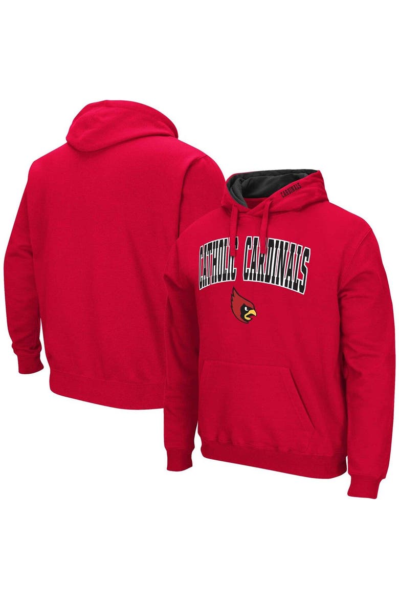 Men's Colosseum Cardinal Catholic University Cardinals Arch & Logo 3.0 Pullover Hoodie, Main, color, Cardinal
