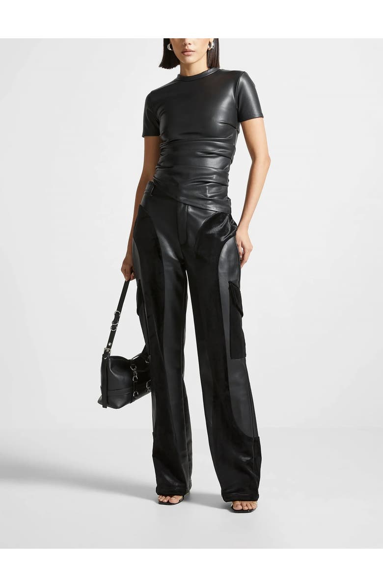 Manière De Voir Leather Ruched T-Shirt, Main, color, Black