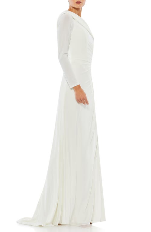 Mac Duggal Ruched Jersey Drop Shoulder Foldover Gown In White