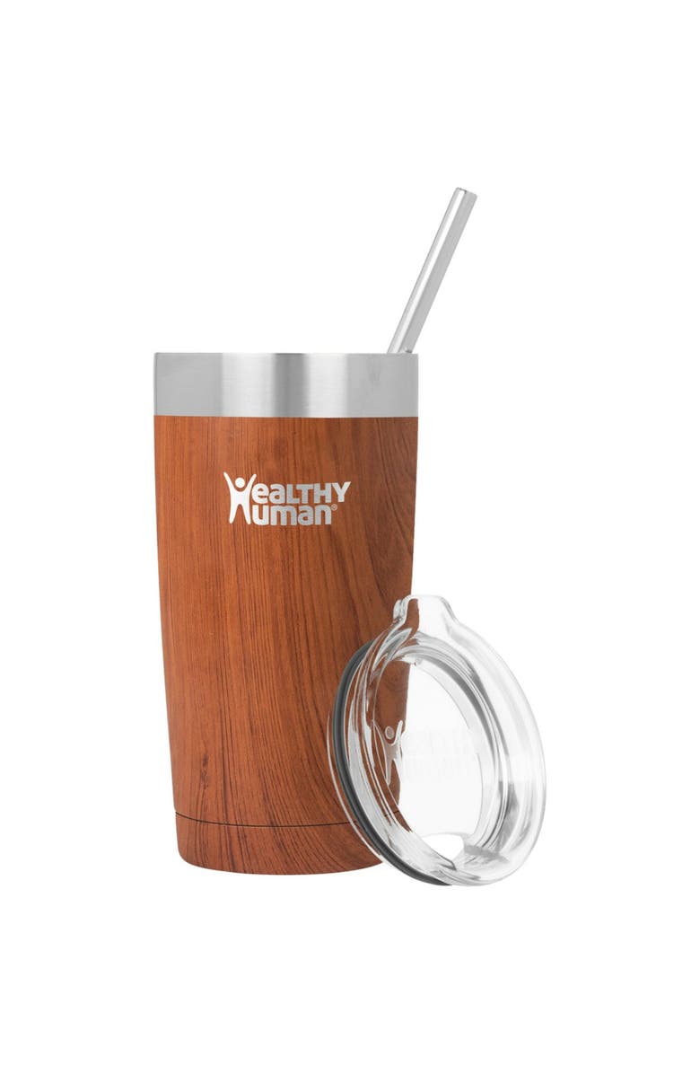 Healthy Human Stainless Steel Tumbler with Straw & Lid, 20 oz Natural Wood, Main, color, Brown