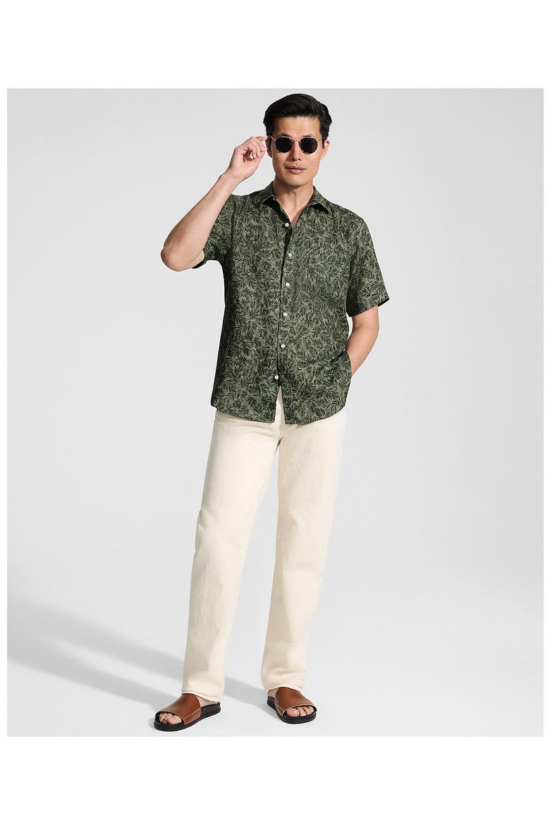 Traditional Fit Short Sleeve Linen Shirt, Alternate, color, Forest Moss Palms