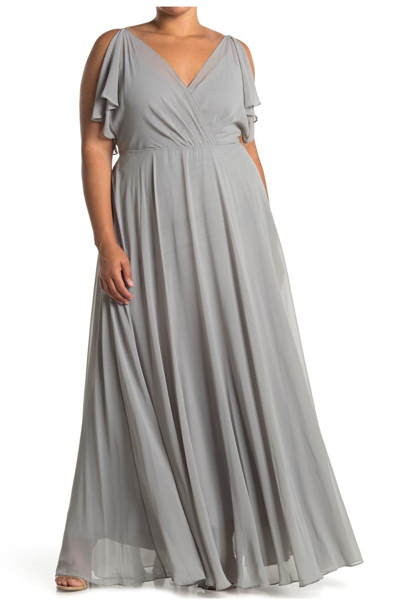 Jenny Yoo Cassie Flutter Sleeve Chiffon A-Line Gown, Main, color, 