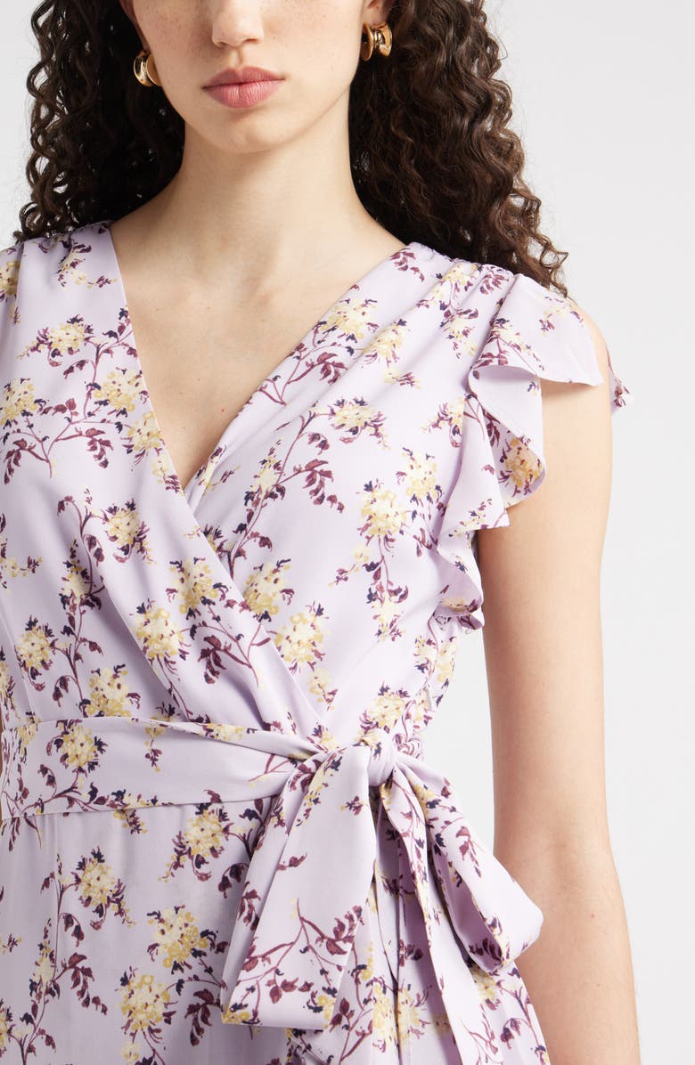 Chelsea28 Flutter Sleeve Faux Wrap Midi Dress, Alternate, color, Purple- Tan Melody Floral