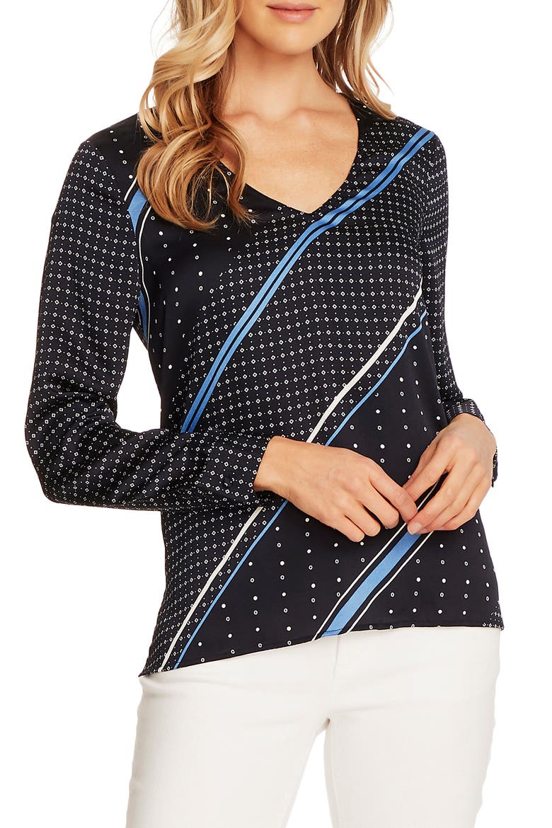 Stripe Geo Print Long Sleeve Hammer Satin Top, Main, color, NIGHT NAVY