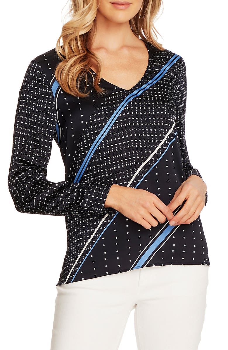 Vince Camuto Stripe Geo Print Long Sleeve Hammer Satin Top, Main, color, 