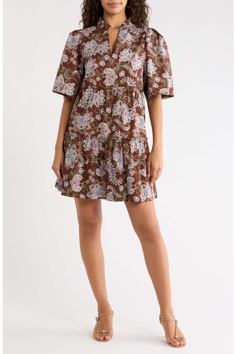 Floral Print Split Neck Shift Dress, Main, color, BROWN-FLORAL