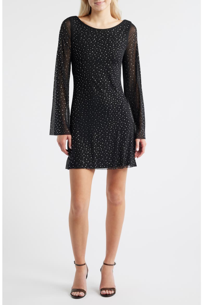Embellished Bell Sleeve Mesh Minidress, Main, color, BLACK