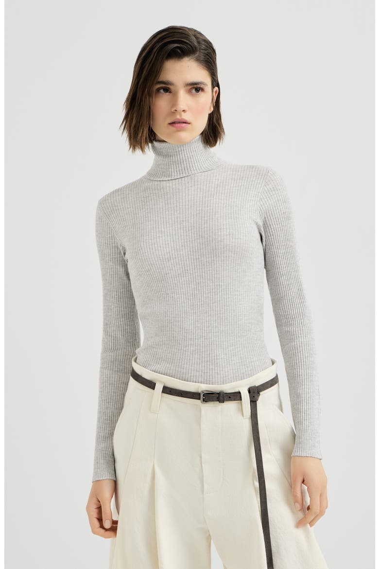 Lightweight turtleneck sweater in sparkling cashmere and silk rib knit, Main, color, Light Grey