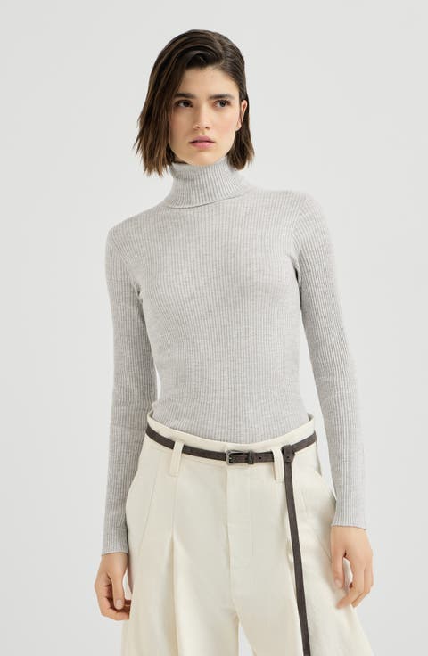 Lightweight turtleneck sweater in sparkling cashmere and silk rib knit