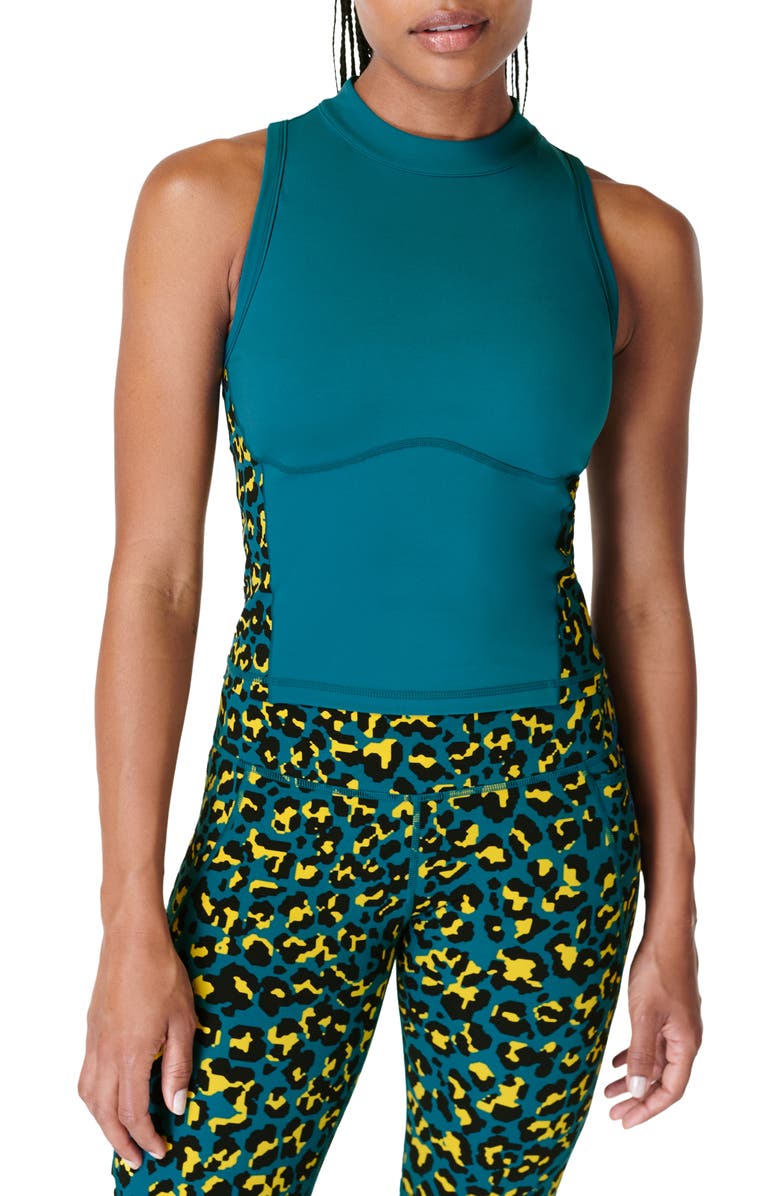 Sweaty Betty Power Zip Back Workout Crop Tank, Main, color, Blue Pixel Leopard Print