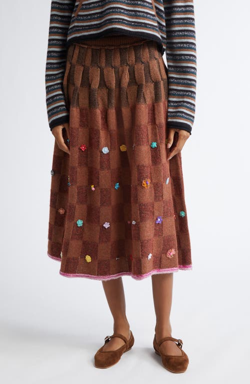 YanYan Floral Ribbon Checkerboard Knit A-Line Wool & Cotton Blend Skirt in Brick 