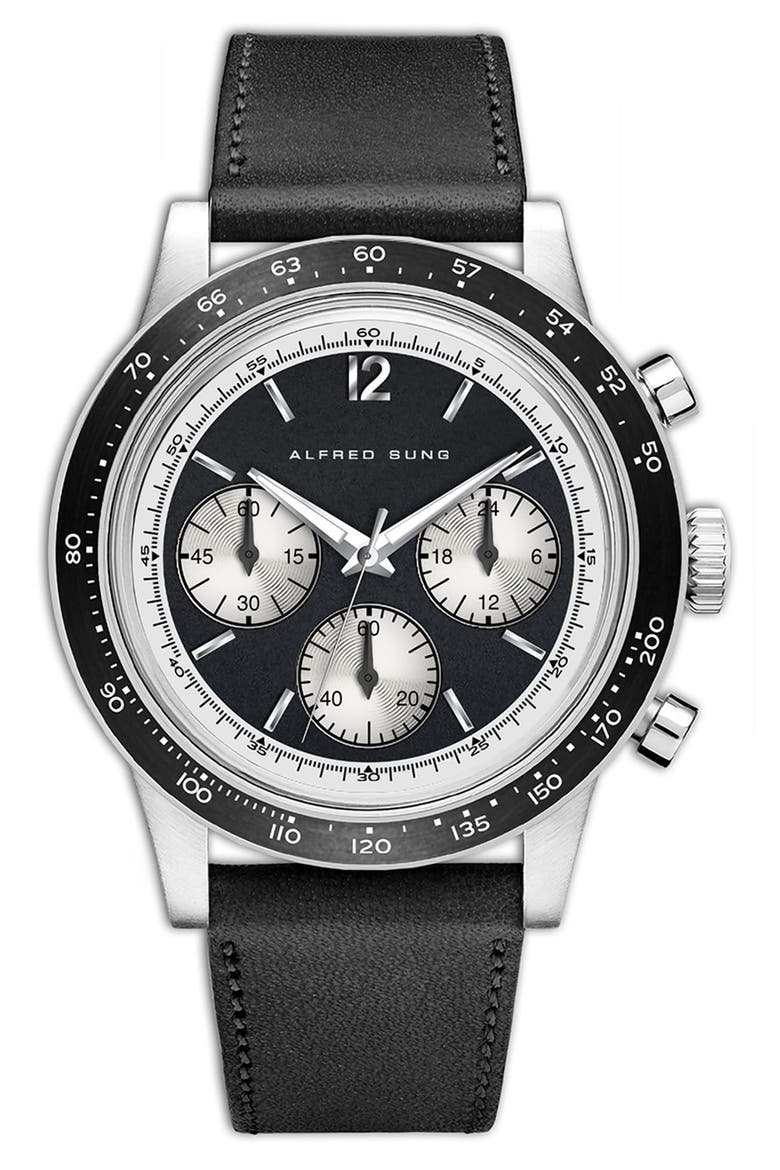 Chronograph II Leather Strap Watch, 44mm, Main, color, BLACK STRAP/BLACK DIAL