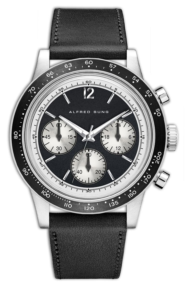 Alfred Sung Chronograph II Leather Strap Watch, 44mm, Main, color, Black Strap/Black Dial