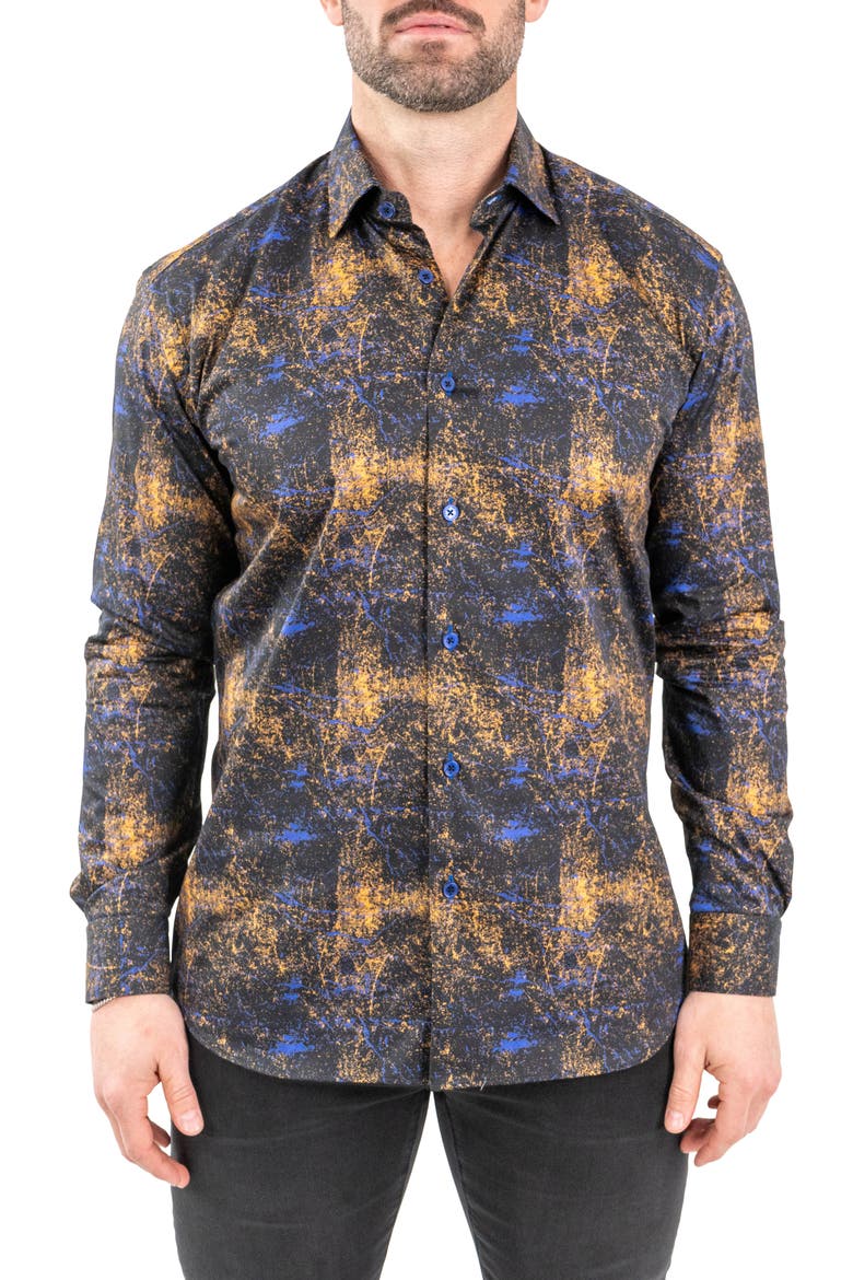 Fibonacci Galaxysplash Black Contemporary Fit Button-Up Shirt, Main, color, BLACK