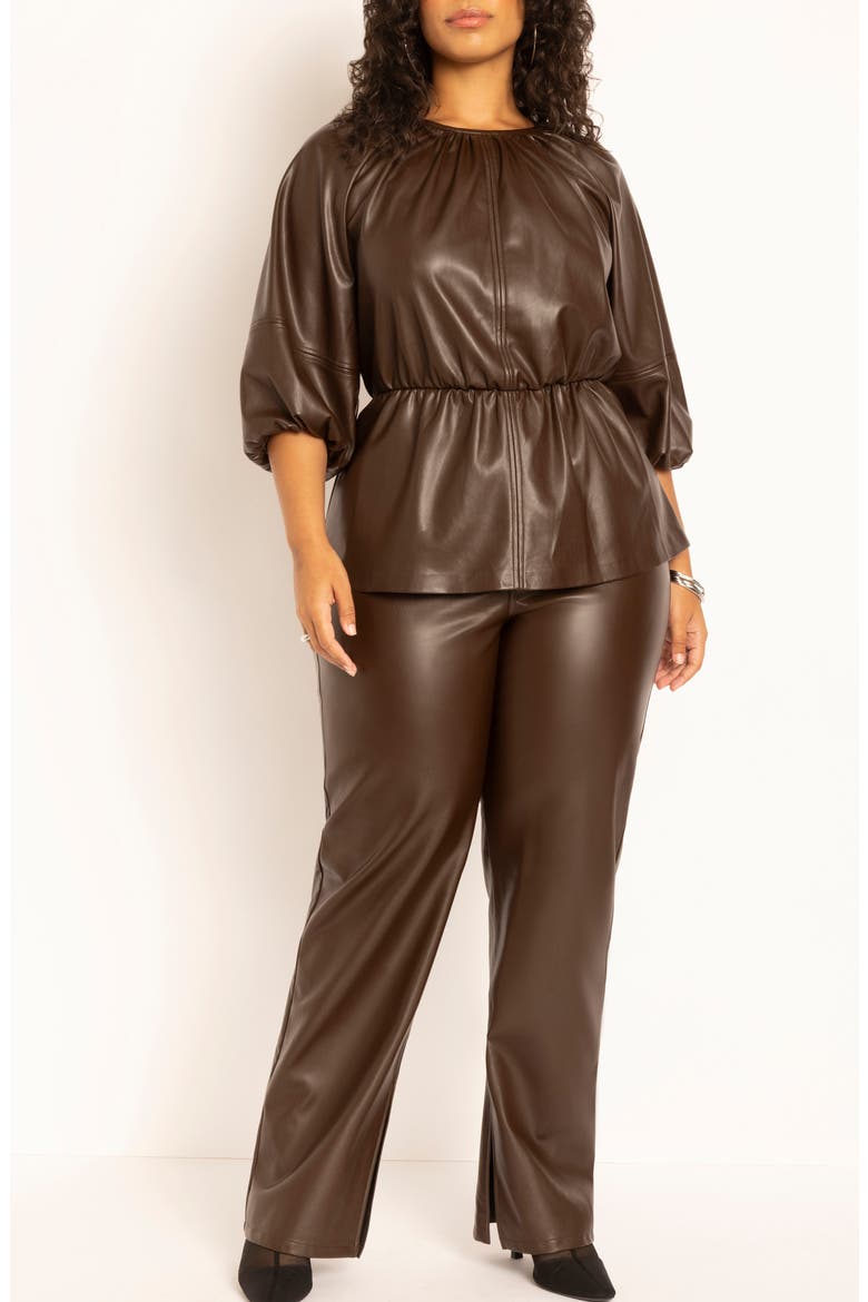 Faux Leather Peplum Top, Alternate, color, HOT FUDGE