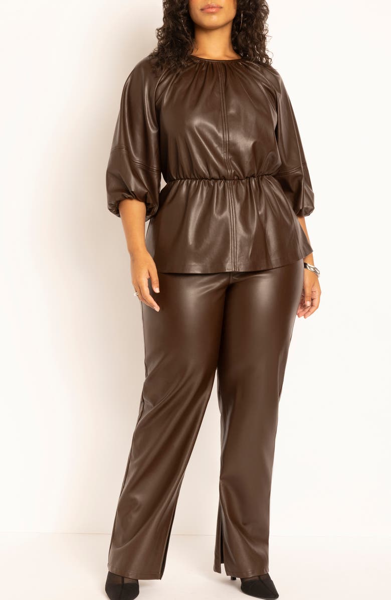 ELOQUII Faux Leather Peplum Top, Alternate, color,