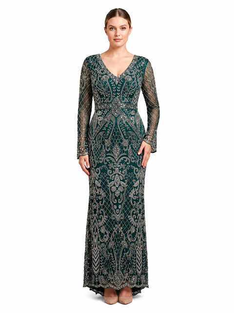 Long Bell Sleeve V-Neck Beaded Gown