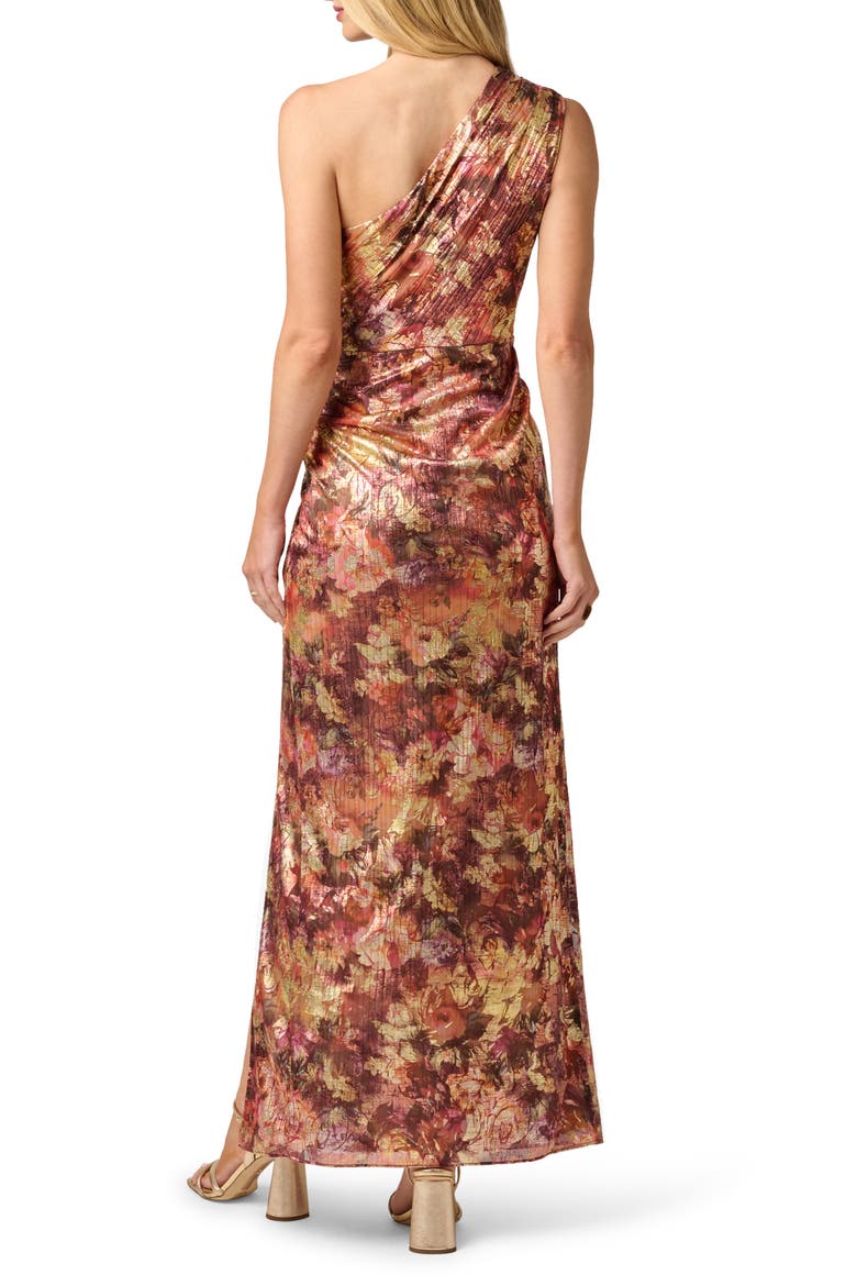 Metallic Floral One-Shoulder Chiffon Gown, Alternate, color, GOLD MULTI