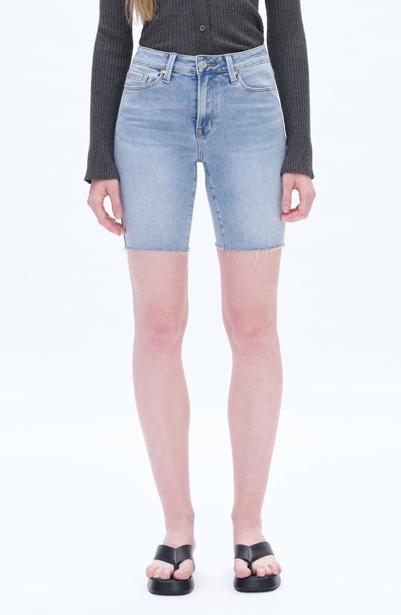 Bayeas Raw Hem Mid Thigh Denim Shorts, Main, color, Wave