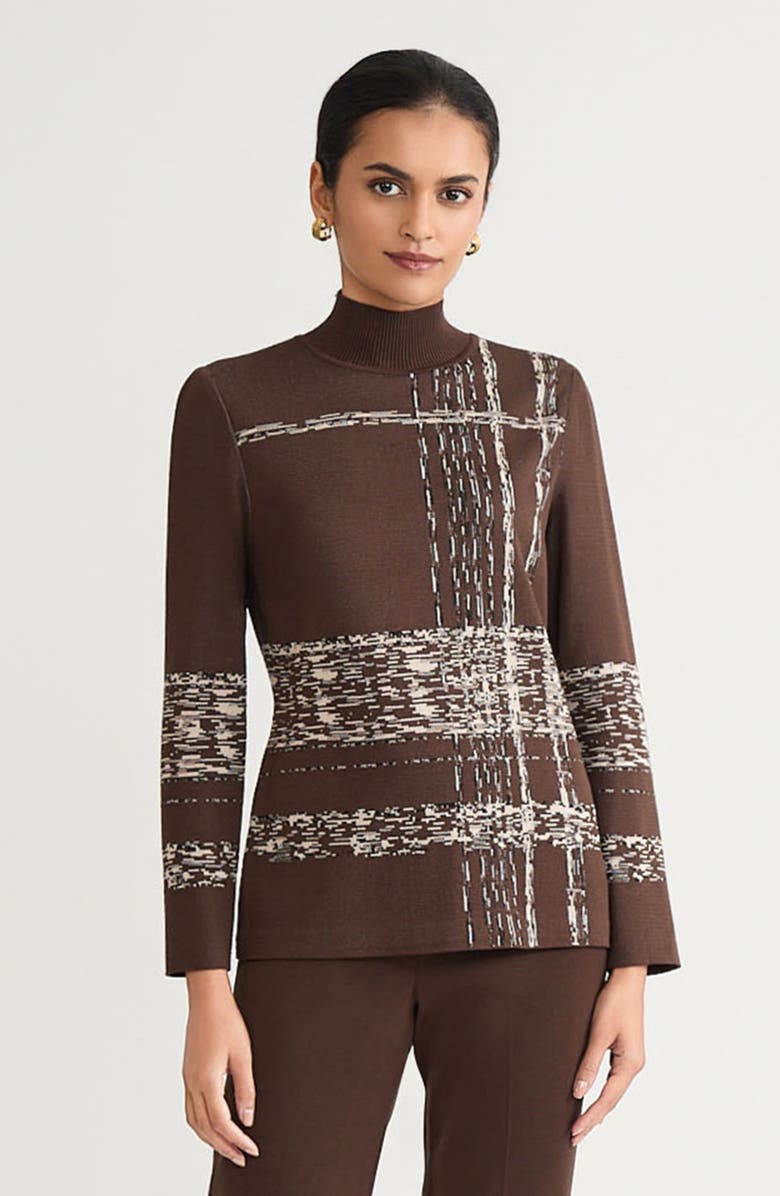 Ming Wang Mock Neck Jacquard Soft Knit Tunic, Main, color, Dark Umber/Twig/Black/Ivory