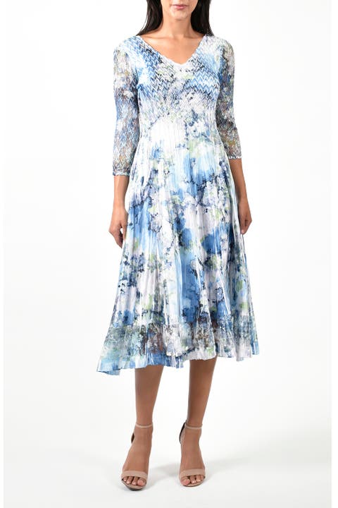 Blue Watercolor Print Charmuese 3/4 Sleeve Dress