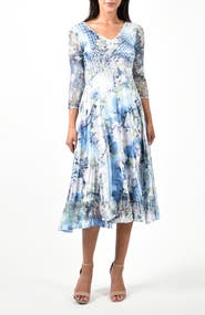 Komarov Blue Watercolor Print Charmuese 3/4 Sleeve Dress