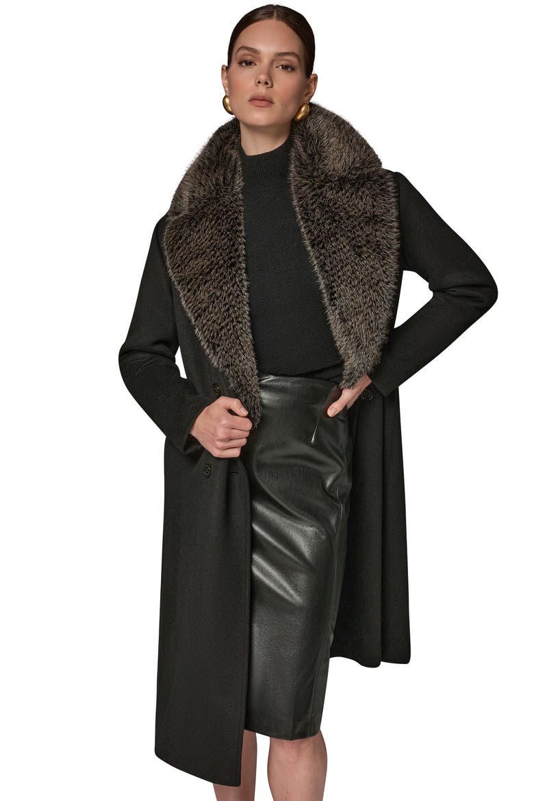 Double Breasted Slouch Coat with Faux Fur Collar, Alternate, color, BLACK