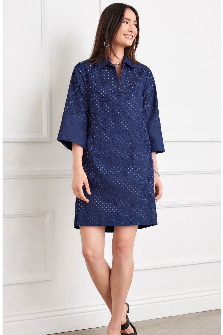 Diamante Detail Stretch Cotton Shift Dress, Alternate, color, NAVY