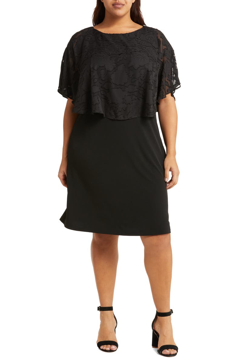 Connected Apparel Floral Jacquard Cape Overlay Dress, Main, color,