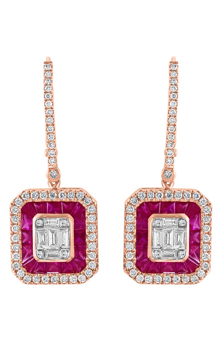 EFFY 14K Rose Gold Diamond Ruby Drop Earrings - 0.9ct., Main, color, 