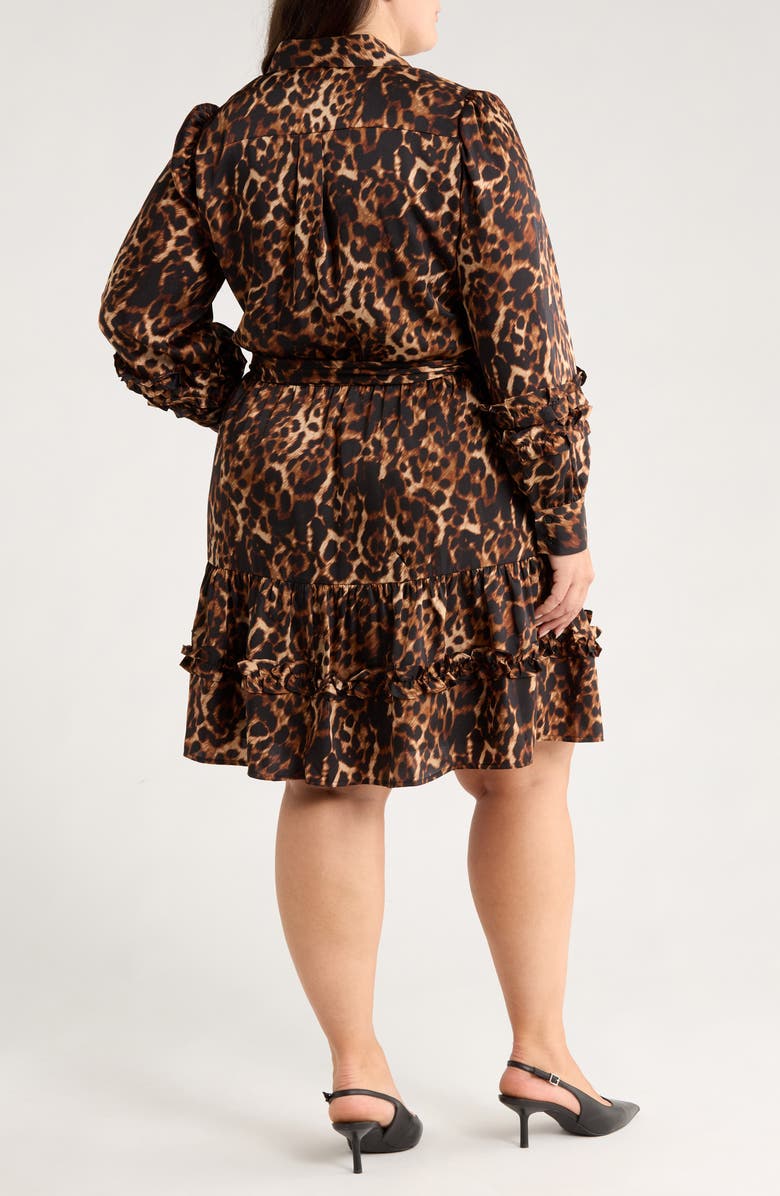 Anne Klein Leopard Tie Waist Long Sleeve Shirtdress, Alternate, color, Brown/ Anne Black Multi