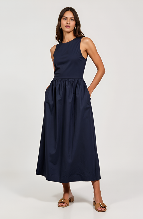 Modenaire Sleeveless Crewneck Midi Dress With Gathered Waist And Pockets In Navy Blue