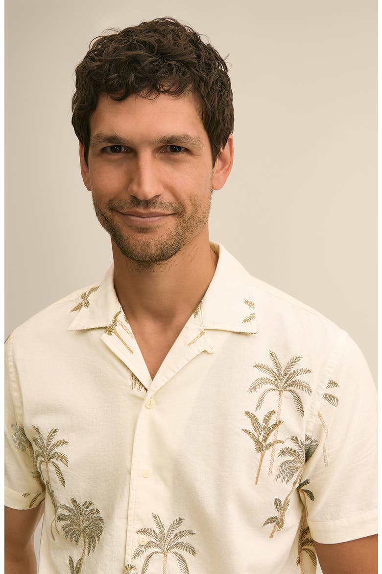 Embroidered Cotton & Linen Camp Shirt, Alternate, color, WHITE BROWN