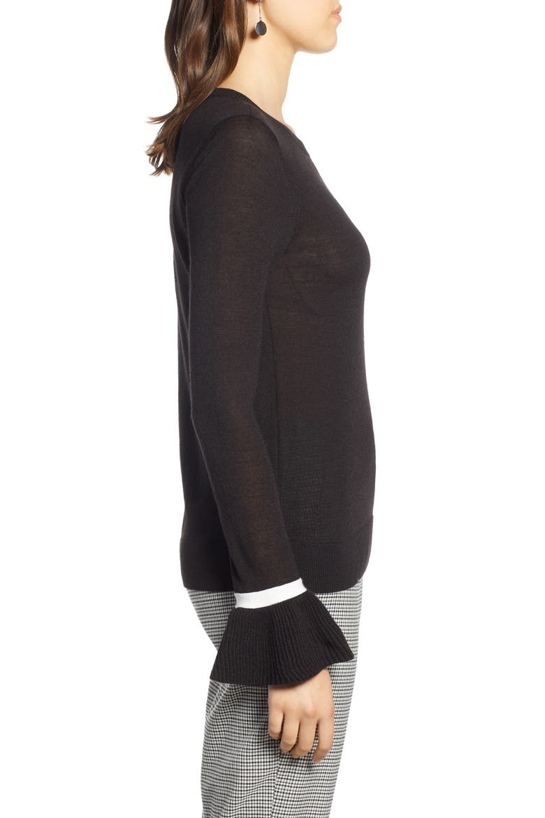 Ruffle Cuff Sweater, Alternate, color, BLACK- IVORY COLORBLOCK