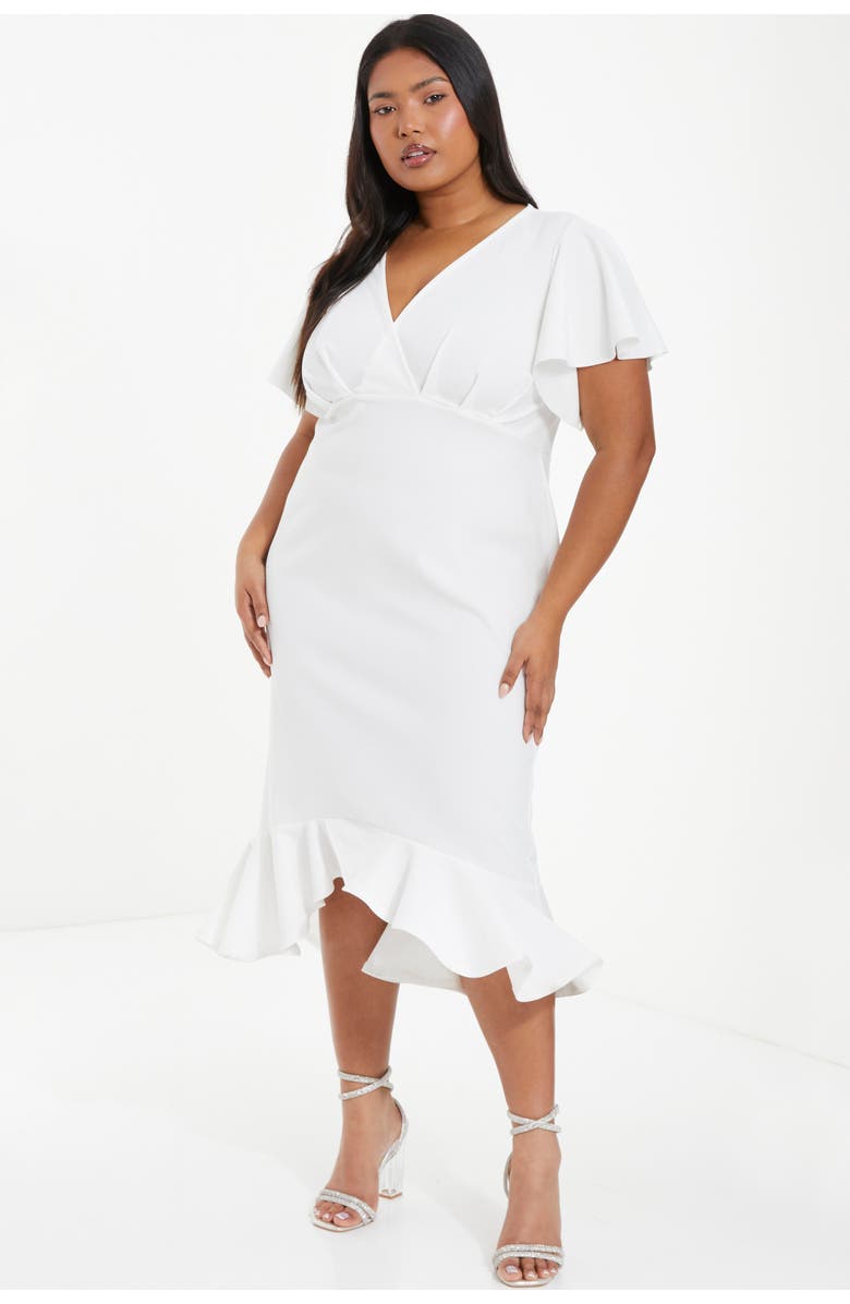 QUIZ V-Neck Frill Hem Midi Dress, Alternate, color, White