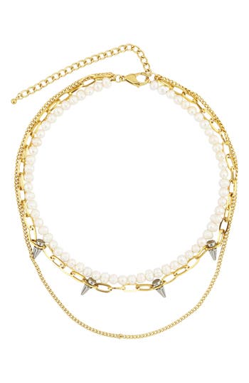 Rebl Gender Inclusive Ash Faux Pearl & Spike Layered Necklace In Gold