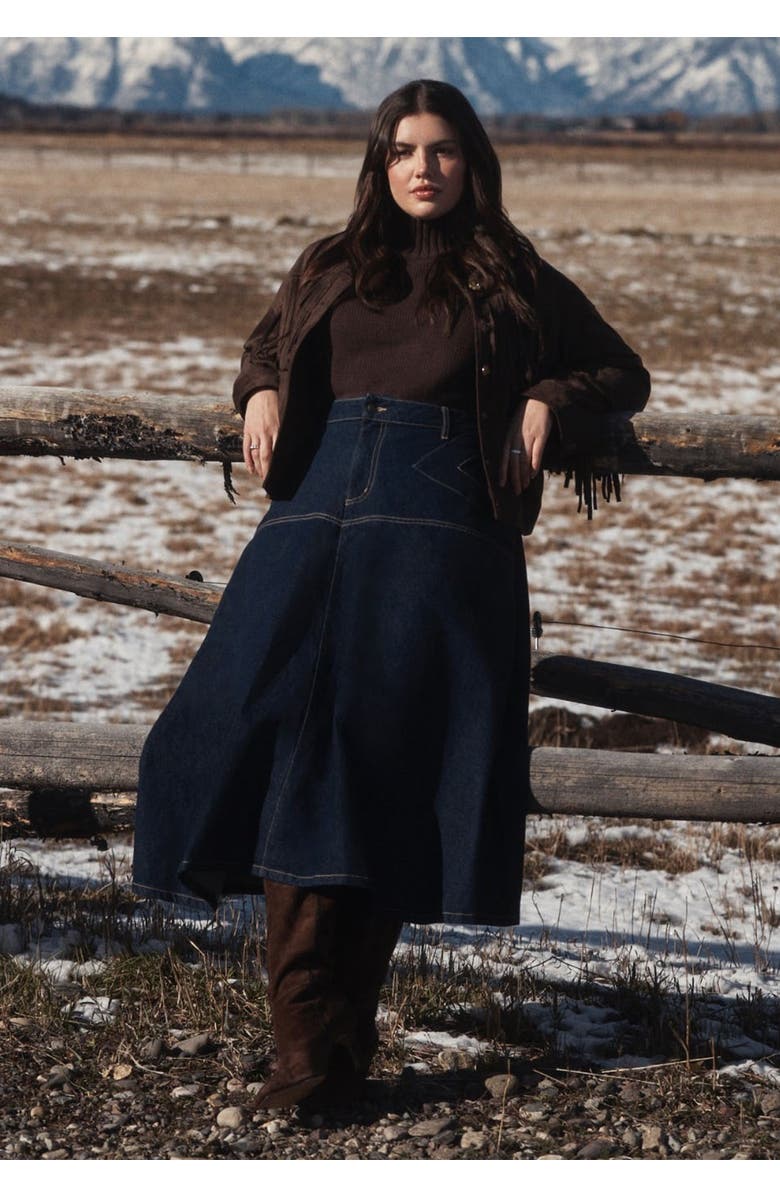 ELOQUII Denim Maxi Skirt With Seam Detail, Main, color, Dark Rinse