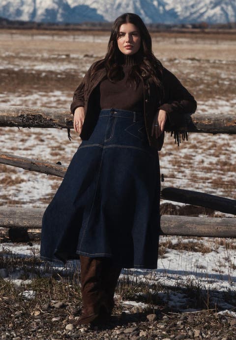 Denim Maxi Skirt With Seam Detail (Plus Available)