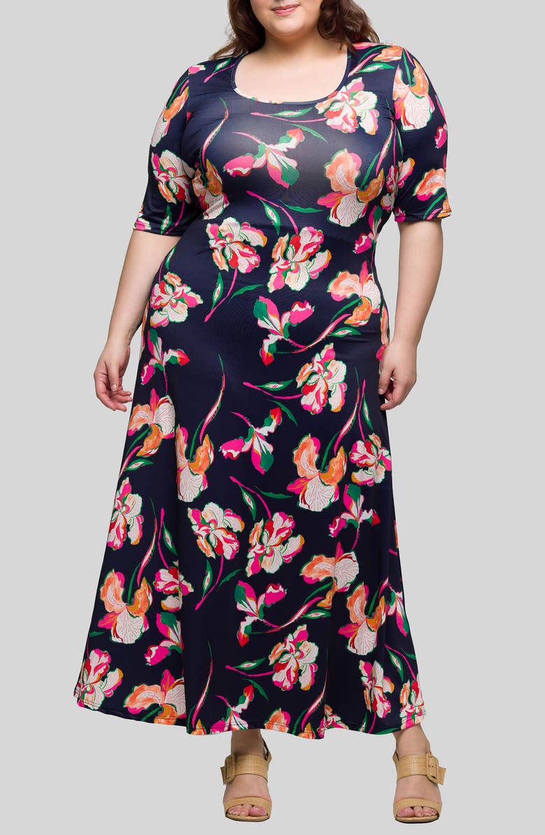 24seven Comfort Apparel Floral Knit Maxi Dress, Main, color, Navy Multi