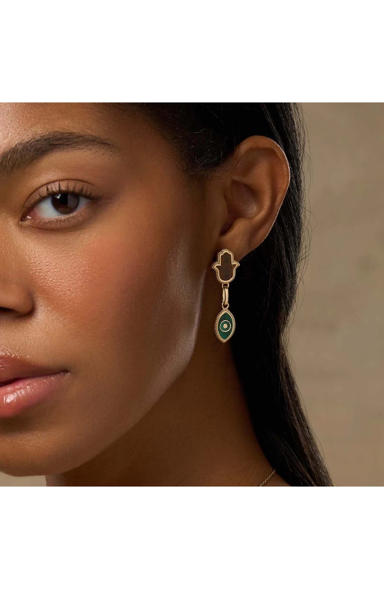 Karma and Luck Dreams Secured Tiger Eye Malachite Hamsa Evil Eye Earrings, Alternate, color, Gold/Green/Brown