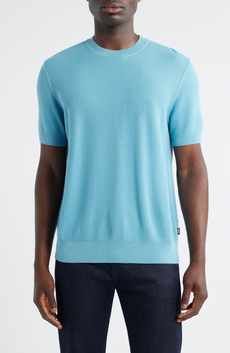 BOSS Ianni Cotton Blend Short Sleeve Sweater, Main, color, Light/ Pastel Blue