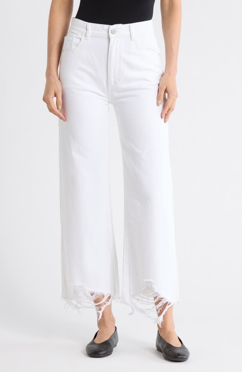 DL1961 Hepburn High Waist Raw Hem Wide Leg Jeans, Main, color, White Distressed