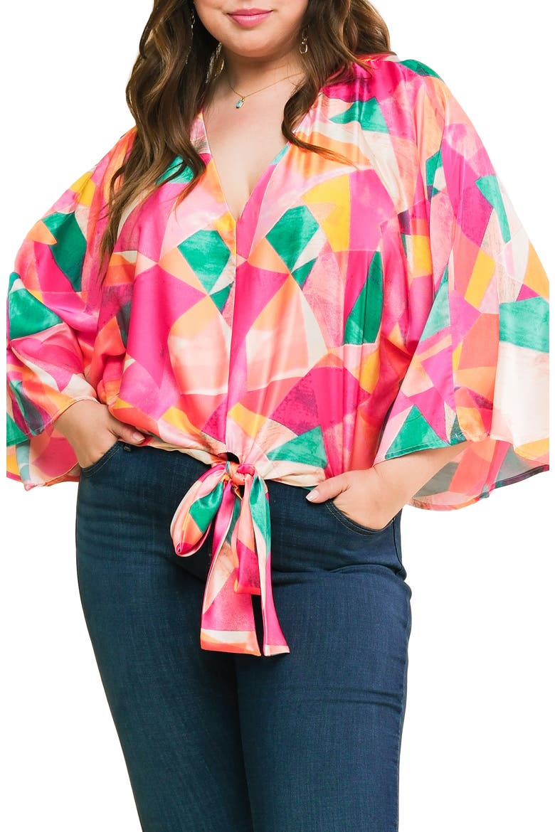Tie Front Print Top, Main, color, FUCHSIA TURQUOISE