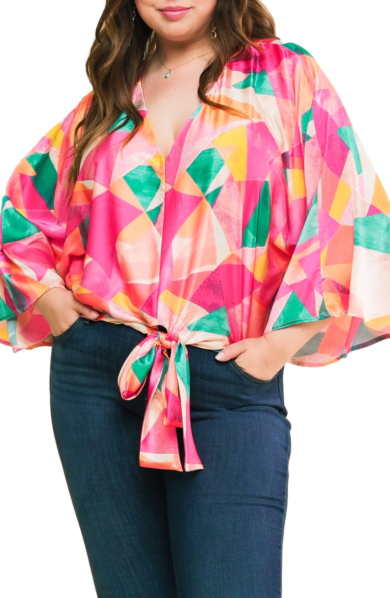 FLYING TOMATO Tie Front Print Top, Main, color, Fuchsia Turquoise