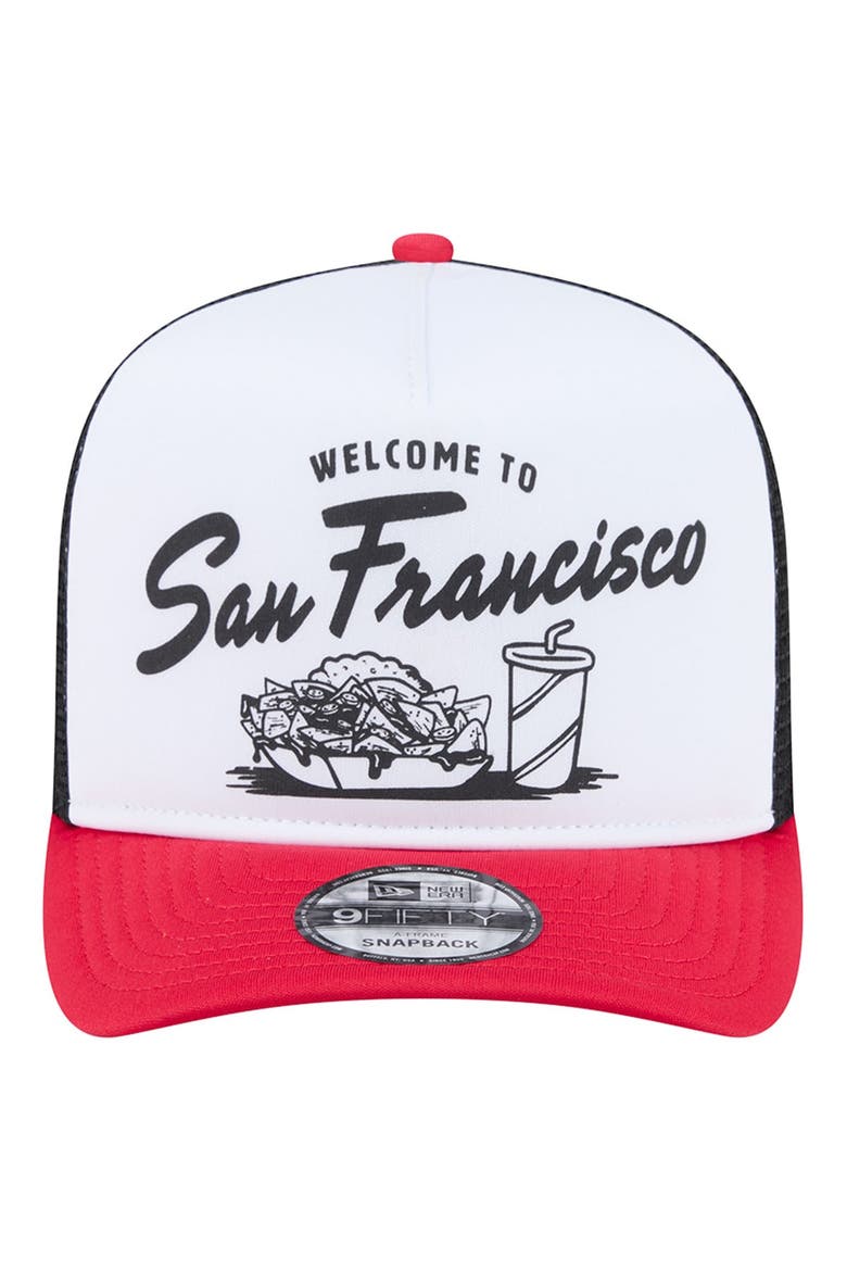 Men's New Era White/Scarlet San Francisco 49ers Foodie 9FIFTY A-Frame Trucker Snapback Hat, Alternate, color, White