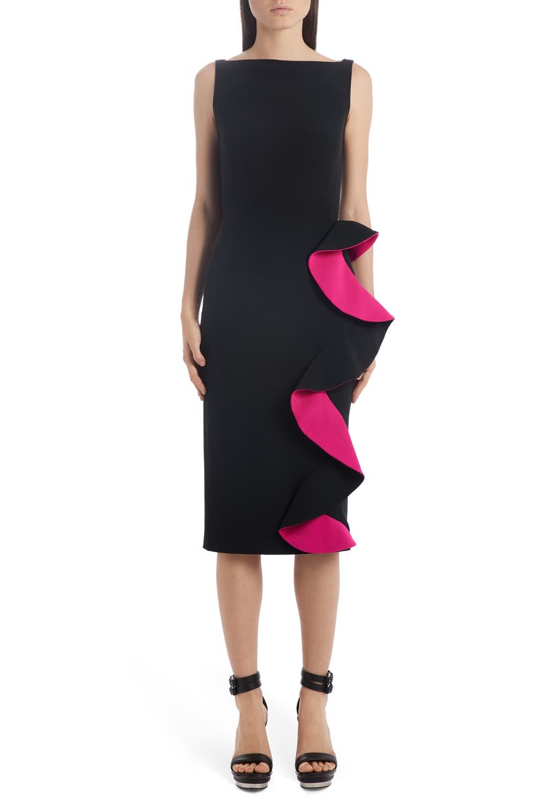 Alexander McQueen Contrast Ruffle Trim Sheath Dress, Main, color, BLACK/ ORCHID PINK
