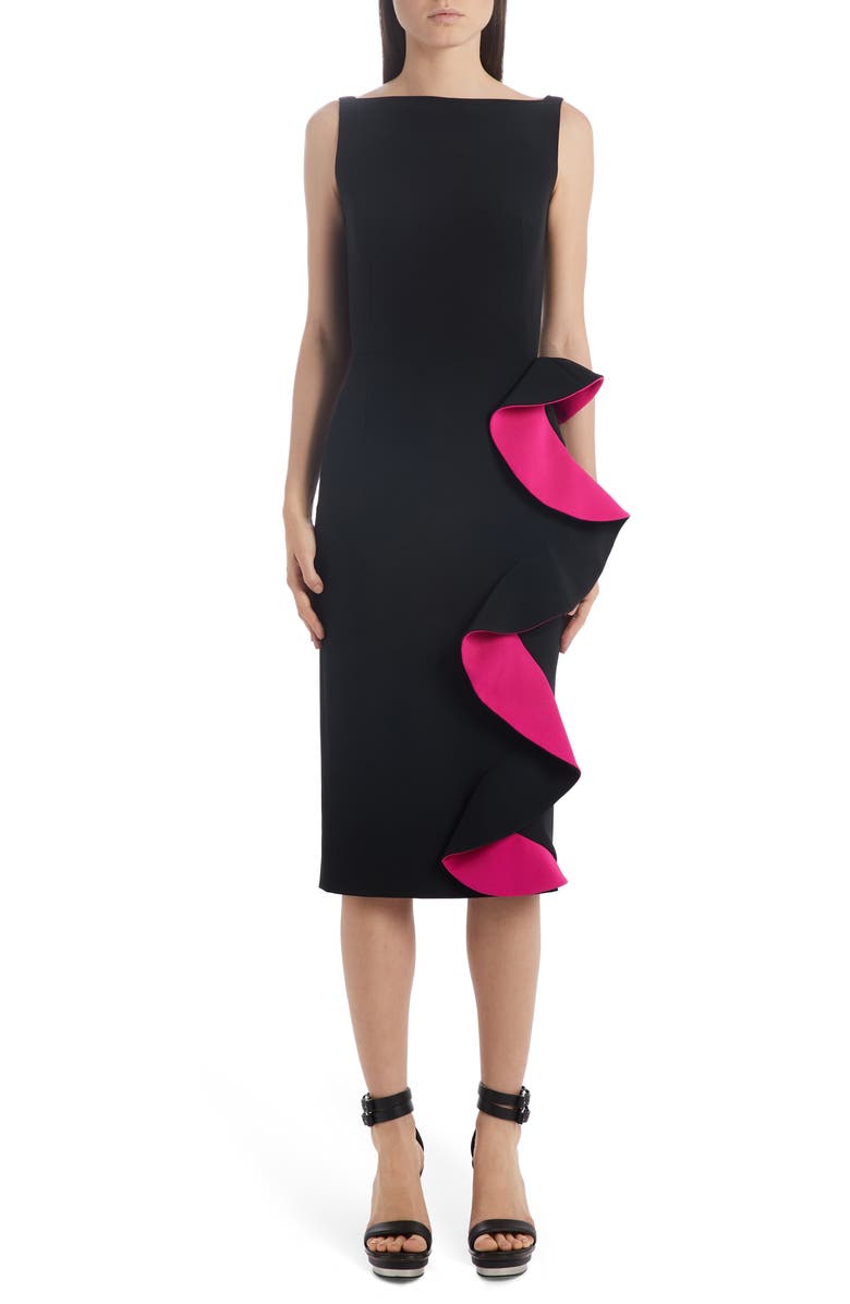 McQueen Alexander McQueen Contrast Ruffle Trim Sheath Dress, Main, color,