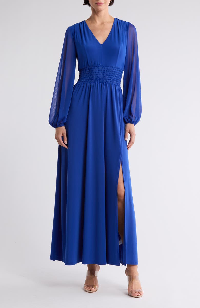 Marina Pleated Smocked Long Sleeve Chiffon Dress, Main, color, 