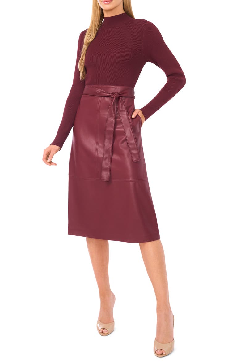 Mixed Media Long Sleeve Dress, Main, color, PORT