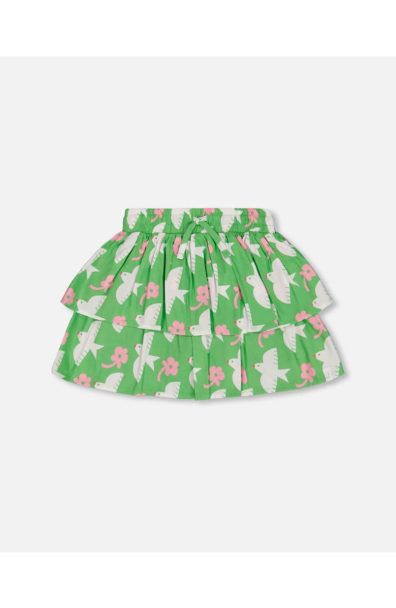 Deux par Deux Girl's Tiered Elastic Waist Skirt Green With White And Pink Bird, Main, color, 